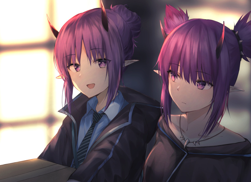 2girls :d arknights bangs black_jacket blue_shirt blurry blurry_background collarbone commentary_request eyebrows_visible_through_hair hair_bun hibiscus_(arknights) highres horns indoors jacket jewelry kiyakyuu lava_(arknights) looking_at_viewer multiple_girls necklace necktie open_mouth pointy_ears pointy_hair purple_eyes purple_hair shirt short_hair siblings sidelocks sisters smile striped striped_neckwear upper_body