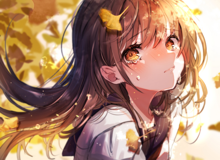 brown_eyes brown_hair chigiri_kurenai close leaves long_hair original school_uniform tears