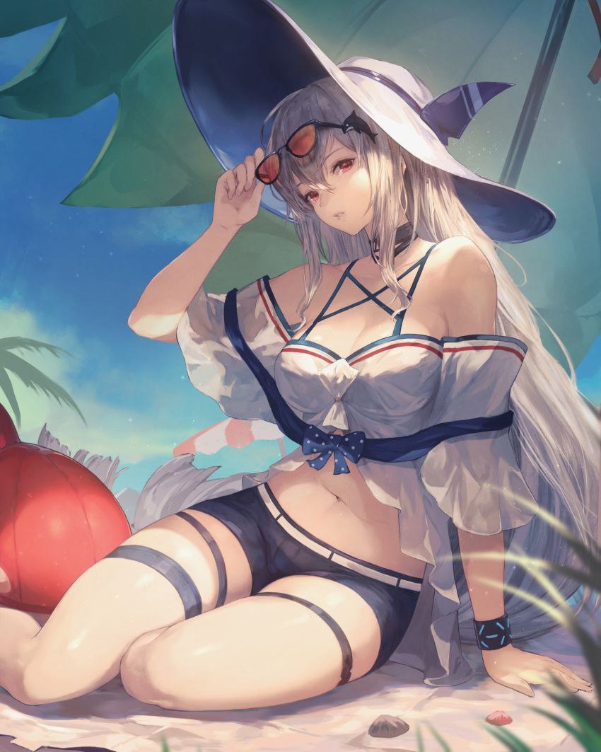 1girl arknights arm_support bare_shoulders beach_umbrella black_shorts breasts center_opening cleavage day eyewear_on_head hand_on_eyewear hat highres inflatable_orca inflatable_toy long_hair looking_at_viewer medium_breasts midriff navel off-shoulder_shirt off_shoulder outdoors red_eyes shirataki_jiro shirt short_shorts shorts silver_hair sitting skadi_(arknights) solo stomach sun_hat sunglasses sunlight thigh_strap thighs umbrella very_long_hair white_headwear white_shirt wristband yokozuwari