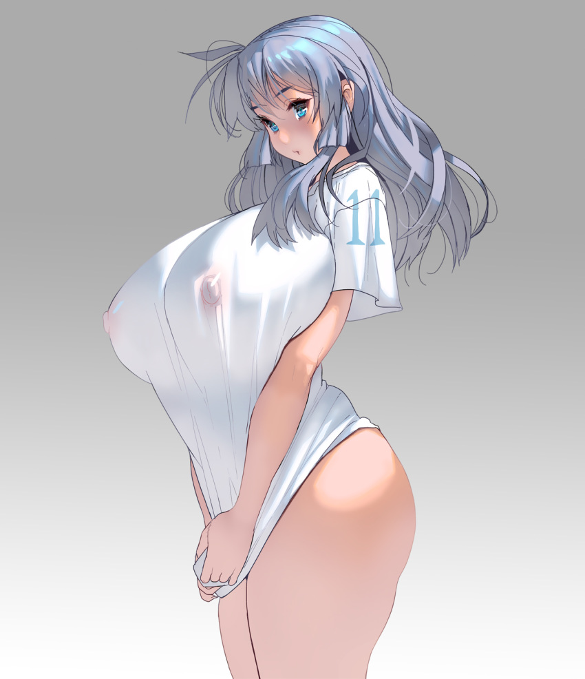 1girl :o blue_eyes breasts commentary_request curvy gradient gradient_background grey_background highres huge_breasts long_hair masao nipples original parted_lips see-through shirt silver_hair solo thick_thighs thighs white_shirt