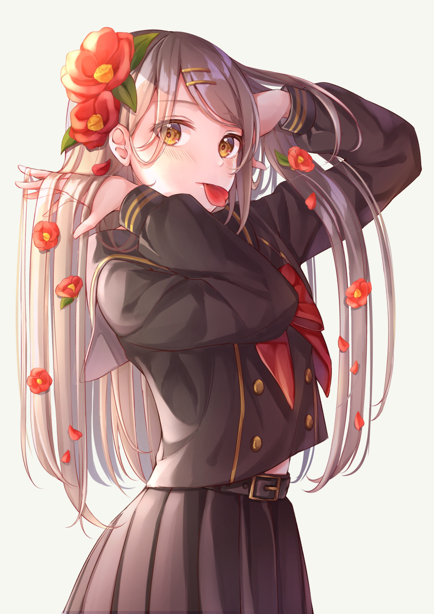 1girl absurdres bangs black_serafuku black_skirt blush brown_hair camellia eyes_visible_through_hair flower from_side hair_flower hair_flowing_over hair_ornament hair_over_one_eye hairclip hands_up highres long_hair long_sleeves looking_at_viewer midriff_peek mouth_hold neckerchief original petals pleated_skirt poe_(528yuzunon) red_flower red_neckwear school_uniform serafuku simple_background skirt skirt_set solo straight_hair swept_bangs yellow_eyes