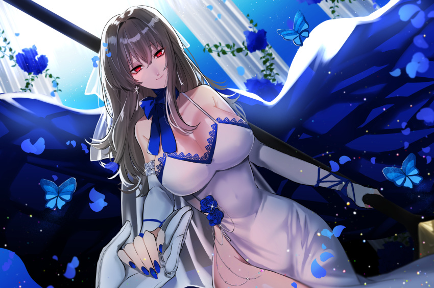 1girl artist_request azur_lane bare_shoulders blue_bow blue_flower blue_rose bow breasts cross cross_earrings dress dutch_angle earrings elbow_gloves evening_gown fingerless_gloves flower gloves grey_hair hair_between_eyes highres holding holding_polearm holding_weapon jewelry large_breasts left-handed long_dress long_hair mole mole_under_eye no_bra no_panties pillar polearm polearm_behind_back red_eyes rose saint-louis_(azur_lane) saint-louis_(brilliant_paladin)_(azur_lane) side_slit sleeveless sleeveless_dress weapon white_gloves