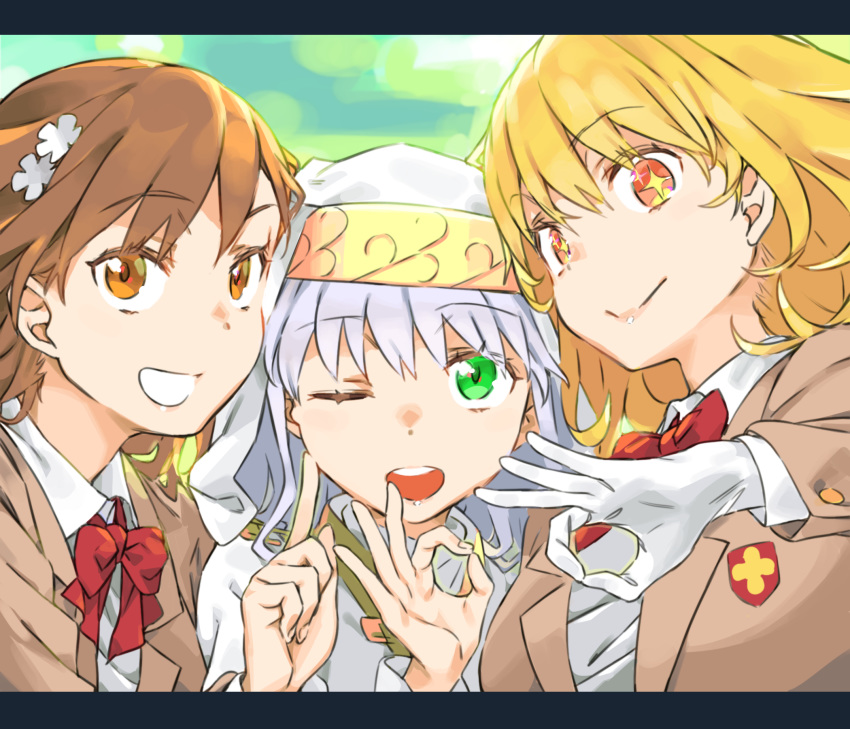 +_+ 3girls :d ;d bangs bars blazer blonde_hair bow bowtie breasts brown_eyes brown_hair brown_jacket commentary_request dress_shirt eyebrows_visible_through_hair flower gloves green_eyes habit haimura_kiyotaka hair_flower hair_ornament highres index jacket large_breasts long_hair long_sleeves looking_at_viewer misaka_mikoto multiple_girls nun official_art ok_sign one_eye_closed open_mouth orange_hair outdoors red_neckwear round_teeth safety_pin school_uniform shirt shokuhou_misaki short_hair silver_hair smile teeth to_aru_kagaku_no_railgun to_aru_majutsu_no_index tokiwadai_school_uniform upper_body upper_teeth white_gloves white_shirt wing_collar