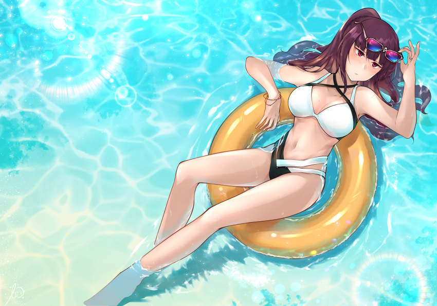 1girl absurdres bare_legs bikini blush bracelet breasts cleavage closed_mouth collarbone eyebrows_visible_through_hair eyewear_on_head from_above girls_frontline hand_on_eyewear highres huge_filesize jewelry legs long_hair looking_at_viewer lying medium_breasts navel on_back purple_hair red_eyes solo stigmamyu stomach swimsuit wa2000_(girls_frontline) water white_bikini white_swimsuit