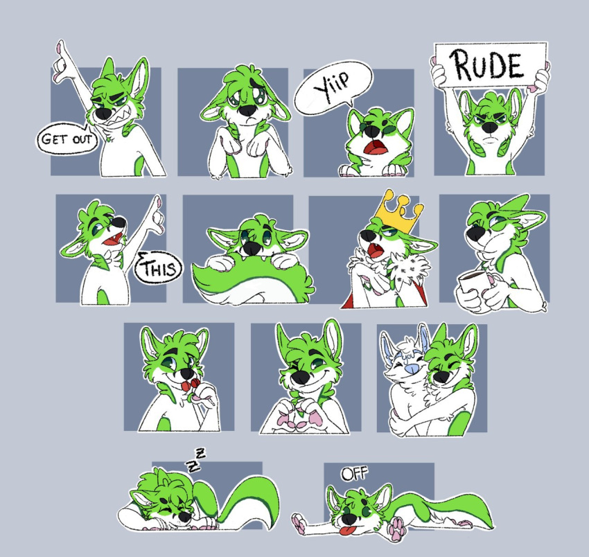 anthro barking beverage black_nose canid canine coffee drama_king drama_queen fidget_the_fox fox fur green_body green_eyes green_fur hair hi_res hug looking_at_viewer male mammal mitsuki-onega plantigrade rude sad sad_eyes simple_background sleeping smile solo sticker telegram this white_body white_fur