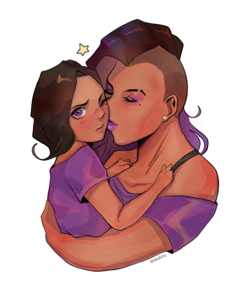 2girls asymmetrical_hair bra_strap brown_hair carrying casual cheek_kiss closed_eyes dark_skin dbdkitty earrings eyelashes highres jewelry kiss lipstick makeup mole mole_under_eye mother_and_daughter multiple_girls one_eye_closed overwatch person_carrying purple_eyes purple_lipstick shirt sombra_(overwatch) stud_earrings t-shirt undercut