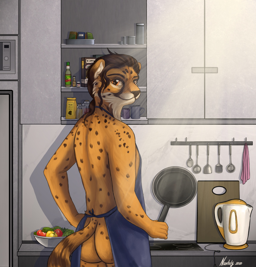 alternate_version_at_source animal_humanoid anthro apron brown_hair brown_nose butt cheek_tuft cheetah clothing cookware facial_tuft felid felid_humanoid feline feline_humanoid food fridge fruit frying_pan fur furniture hair hi_res hot_sauce humanoid kettle kitchen kitchen_cabinet kitchen_spatula kitchen_utensils male mammal mammal_humanoid microwave microwave_oven nantaly plant solo solo_focus spatula spots spotted_body spotted_fur sriracha tailwag tools tuft yellow_body yellow_eyes yellow_fur