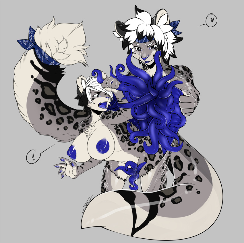 anthro areola blue_areola duo felid female hi_res jackson77 living_clothing mammal pantherine simple_background snow_leopard suit_transformation symbiote tentacles transformation unregisteredcat