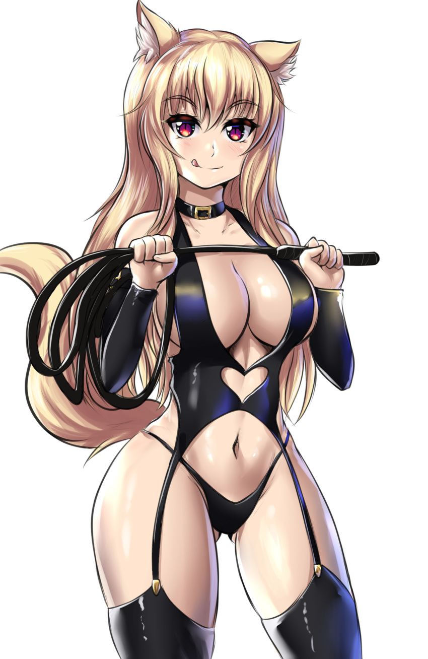 1girl animal_ear_fluff animal_ears arm_warmers ass_visible_through_thighs belt_collar black_legwear black_panties blonde_hair breasts cat_ears cat_girl cat_tail choker cleavage collar collarbone cowboy_shot eyebrows_visible_through_hair garter_straps highres holding holding_whip large_breasts leather leather_choker leonart licking_lips long_hair looking_at_viewer navel original panties red_eyes simple_background slit_pupils smile solo tail thighhighs tiffy_(nottytiffy) tongue tongue_out underwear whip white_background