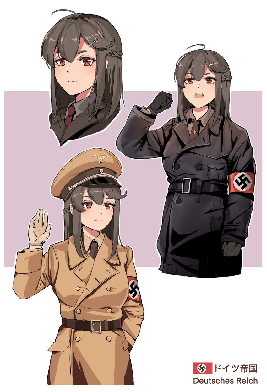 1girl absurdres ahoge armband bangs belt black_coat black_gloves black_hair braid brown_coat brown_gloves closed_mouth coat collared_shirt double-breasted eyebrows_visible_through_hair french_braid german_text germany gloves hair_ornament hairpin hat highres light_frown light_smile medium_hair military military_hat military_uniform multiple_views nazi necktie open_mouth original overcoat peaked_cap red_eyes red_neckwear shirt sidelocks standing swastika unicron_(brous) uniform waving world_war_ii