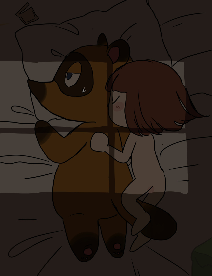 2020 absurd_res animal_crossing anthro bed blue_eyes blush bodily_fluids brown_body brown_fur butt canid canine chibi condom_wrapper duo female female_on_anthro fur furniture hai_deko hi_res human human_on_anthro interspecies kemono lying male male/female mammal nintendo nude pillow raccoon_dog slightly_chubby sweat tanuki tom_nook_(animal_crossing) video_games