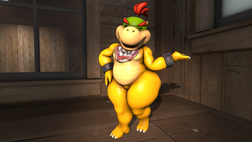 16:9 3d_(artwork) anonymous_artist anthro bowser_jr. digital_media_(artwork) featureless_crotch hair hi_res kerchief koopa male mario_bros mostly_nude nintendo one_eye_closed ponytail pose scalie solo source_filmmaker standing thick_thighs video_games wide_hips widescreen wink