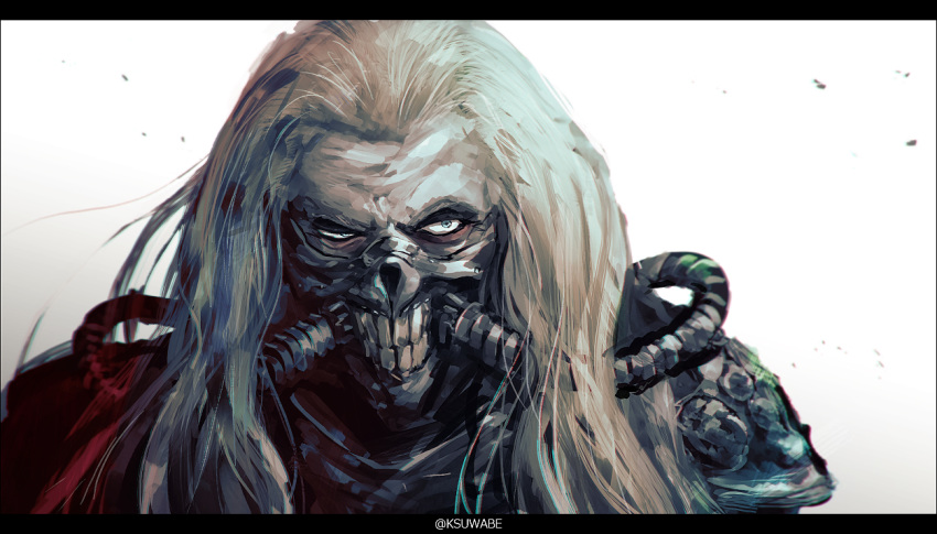 1boy artist_name blonde_hair blood bloody_clothes commentary_request face gas_mask gradient gradient_background grey_eyes half-closed_eye immortan_joe k-suwabe letterboxed long_hair looking_at_viewer mad_max male_focus solo teeth upper_body white_background