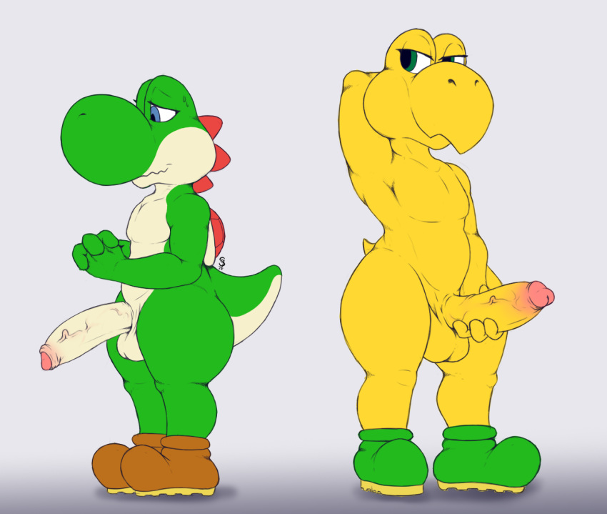 balls duo erection foreskin genitals green_yoshi hand_on_penis humanoid_genitalia humanoid_penis koopa koopa_troopa male mario_bros nintendo nude penile penis pose reptile scalie simple_background squeeshy standing uncut video_games yoshi