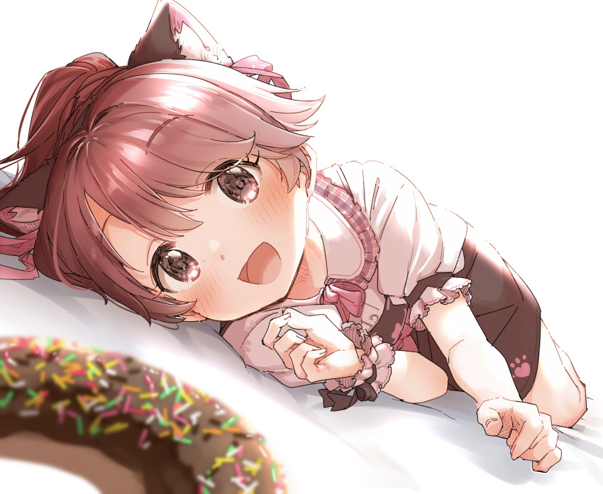 1girl :d animal_ear_fluff animal_ears bangs bed_sheet black_skirt blurry blurry_foreground blush brown_eyes brown_hair cat_ears collared_shirt depth_of_field doughnut dress_shirt eyebrows_visible_through_hair fake_animal_ears food frilled_shirt_collar frills high-waist_skirt highres idolmaster idolmaster_cinderella_girls lying on_side open_mouth ponytail puffy_short_sleeves puffy_sleeves shirt short_sleeves skirt smile solo white_background white_shirt wrist_cuffs yukie_(kusaka_shi)