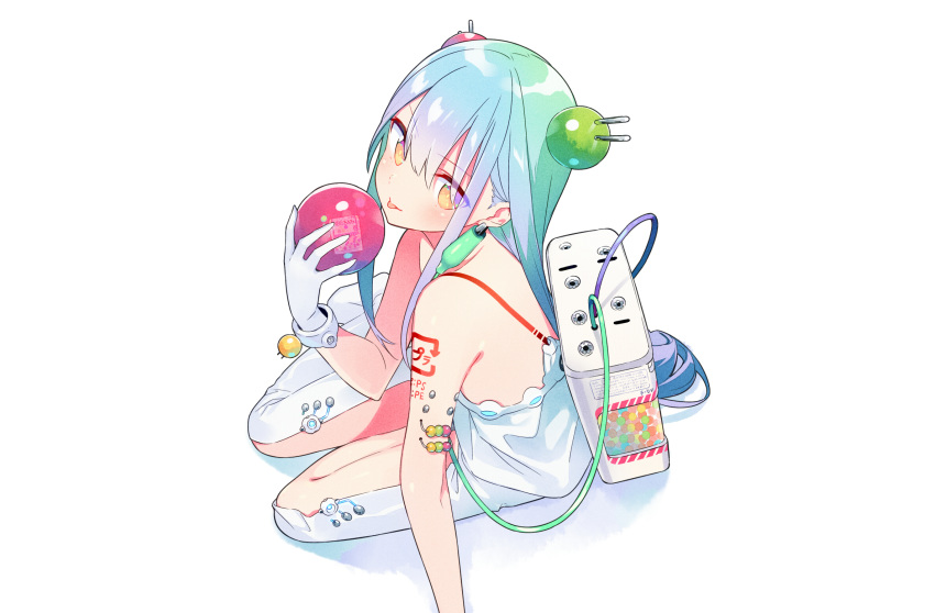 aqua_hair ball blush candy flat_chest gloves long_hair original sama tattoo techgirl white yellow_eyes