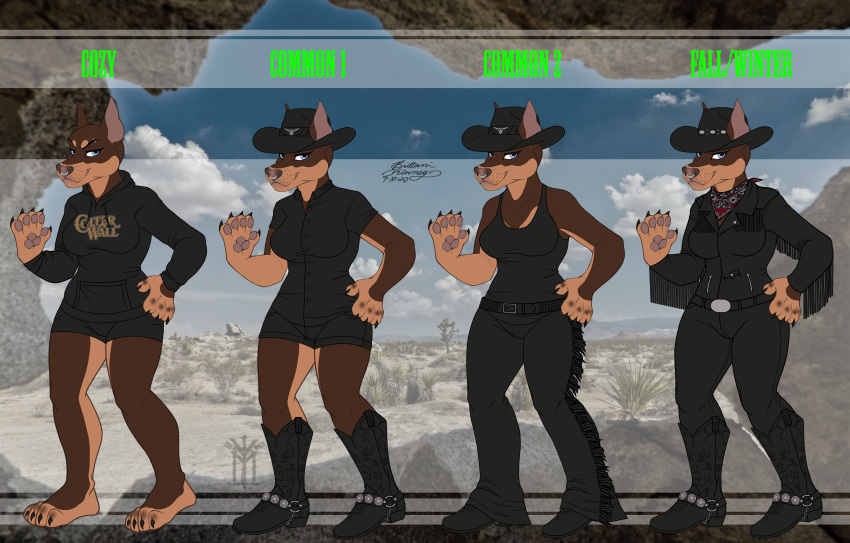 absurd_res anthro canid canine canis cowgirl_(disambiguation) dobermann domestic_dog english_text facial_piercing female goth hi_res mammal model_sheet nose_piercing paizli piercing pinscher solo text thehuntingwolf video_games western