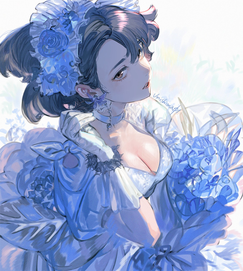 1girl bangs blue_flower bouquet breasts brown_eyes brown_hair choker cleavage dress earrings eyebrows eyelashes flower from_side gloves hair_flower hair_ornament highres jewelry lips medium_breasts medium_hair original signature solo swept_bangs umishima_senbon wedding_dress white_gloves