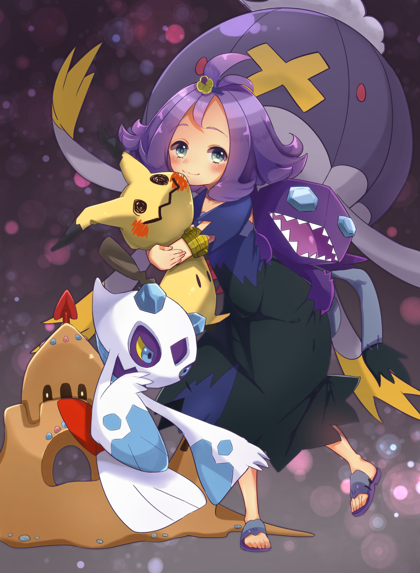 1girl :d absurdres acerola_(pokemon) ahoge animal armlet black_skirt blue_eyes drifblim froslass gen_3_pokemon gen_4_pokemon gen_7_pokemon highres holding holding_animal hug huge_filesize medium_hair mimikyu open_mouth palossand pokemon pokemon_(creature) pokemon_(game) pokemon_sm red_eyes ronmeru sableye sandals skirt smile standing teeth yellow_sclera