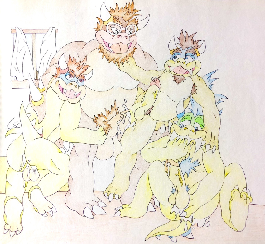 armpit_hair balls beard blue_eyes blue_hair bodily_fluids body_hair brown_body brown_hair cum cum_in_ass cum_inside eyewear facial_hair fangs feet genital_fluids genitals giga_larry glasses group group_sex hair hi_res horn hug inside koopa koopaling larry_koopa male male/male mario_bros nintendo orgy penis raised_tail red_eyes red_hair scalie sex size_difference smile smiley_face tongue traditional_media_(artwork) vein veiny_penis video_games window yellow_body