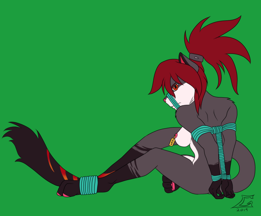 2019 anthro arms_tied asuka_(darkriderx) bdsm biped bondage bound breasts domestic_cat feet_tied felid feline felis female goliathcpg green_background hair hands_behind_back mammal muzzle_(object) muzzled nipple_piercing nipple_ring nipples piercing red_eyes red_hair rope rope_bondage simple_background sitting wrists_tied