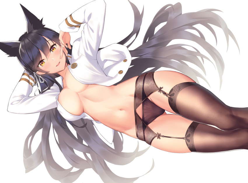 animal_ears anthropomorphism atago_(azur_lane) azur_lane black_hair blush breasts foxgirl garter_belt long_hair military ninsaki_(9saki) no_bra open_shirt panties stockings underwear uniform white yellow_eyes