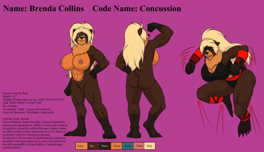 2019 anthro biped black_bra black_nose blonde_hair blue_eyes butt clothed clothing english_text female flexing genitals goliathcpg hair mammal model_sheet muscular nude purple_background pussy simple_background standing text ursid