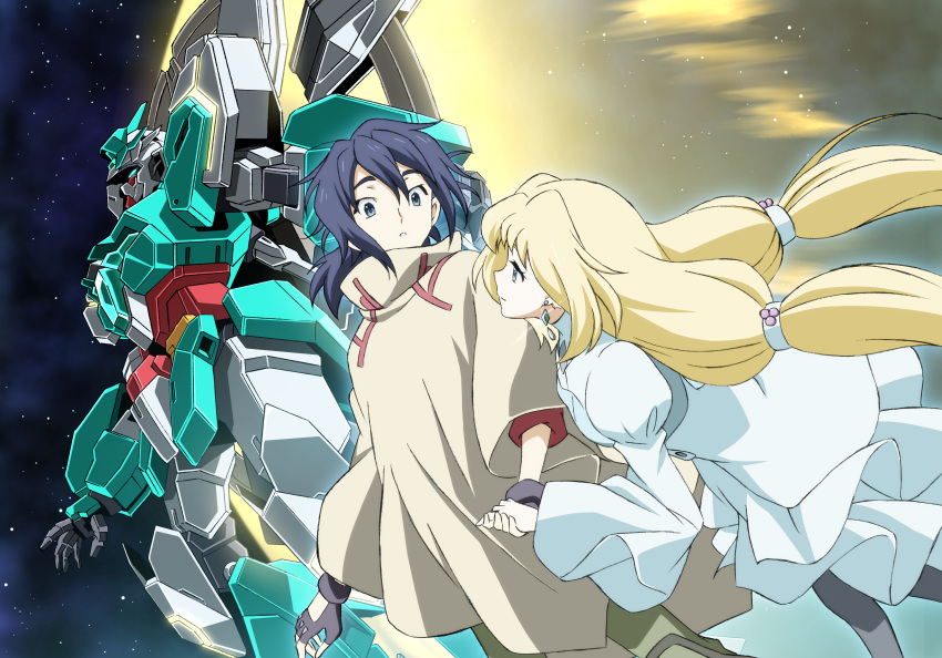 1boy 1girl absurdres aqua_eyes black_eyes black_gloves black_hair blonde_hair commentary_request dress earrings eve_(gundam_build_divers_re:rise) fingerless_gloves flying gloves glowing glowing_eyes green_eyes grey_legwear gundam gundam_build_divers gundam_build_divers_re:rise highres holding_hands jewelry juliet_sleeves kuga_hiroto kumichou_(ef65-1118-ef81-95) long_hair long_sleeves looking_down mecha nepteight_gundam open_hands pantyhose poncho puffy_sleeves space star_(sky) twintails v-fin very_long_hair white_dress wide_sleeves