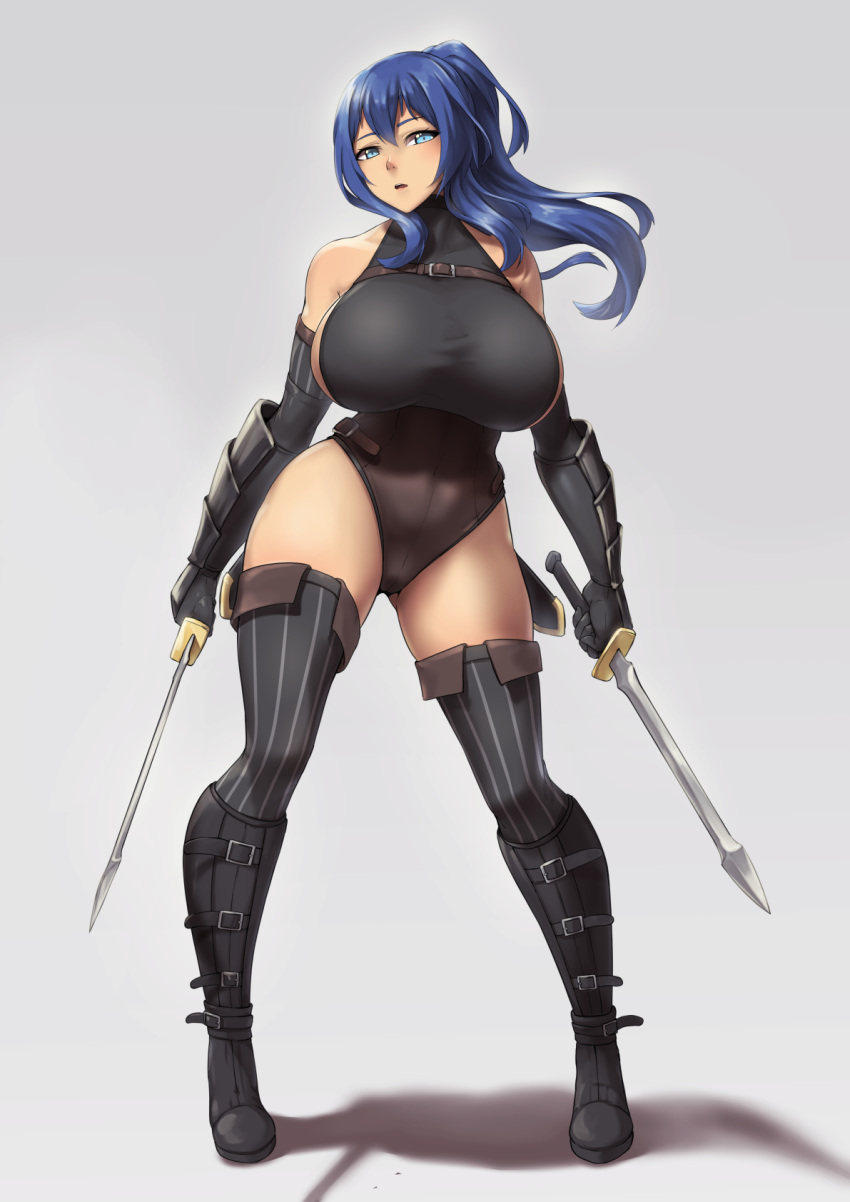 1girl bare_shoulders black_gloves black_legwear blue_eyes blue_hair boots breasts commentary dual_wielding elbow_gloves gloves gradient gradient_background grey_background highres holding huge_breasts leotard long_hair original packge ponytail shadow sideboob solo thick_thighs thigh_boots thighhighs thighs zettai_ryouiki