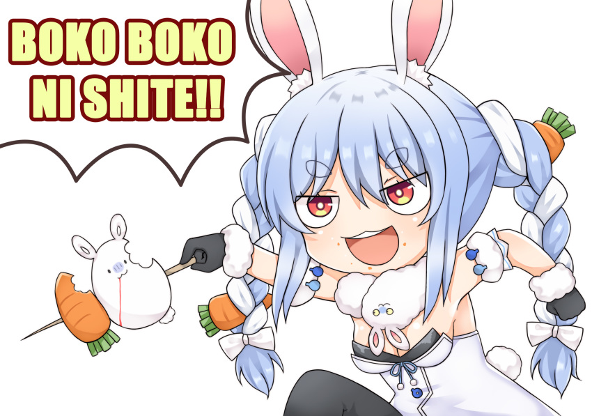 1girl :d animal_ear_fluff animal_ears bangs bare_shoulders black_gloves black_legwear black_leotard blood blood_from_mouth blue_hair bow braid breasts bunny_ears bunny_girl bunny_tail carrot_hair_ornament cleavage detached_sleeves don-chan_(usada_pekora) dress eyebrows_visible_through_hair food food_on_face food_themed_hair_ornament fur-trimmed_gloves fur_trim gloves greenteaneko hair_between_eyes hair_bow hair_ornament highres holding hololive leotard long_hair medium_breasts multicolored_hair open_mouth pantyhose puffy_short_sleeves puffy_sleeves red_eyes romaji_text short_eyebrows short_sleeves simple_background smile strapless strapless_dress strapless_leotard tail thick_eyebrows translation_request turn_pale twin_braids twintails two-tone_hair upper_teeth usada_pekora very_long_hair virtual_youtuber white_background white_bow white_dress white_hair white_sleeves