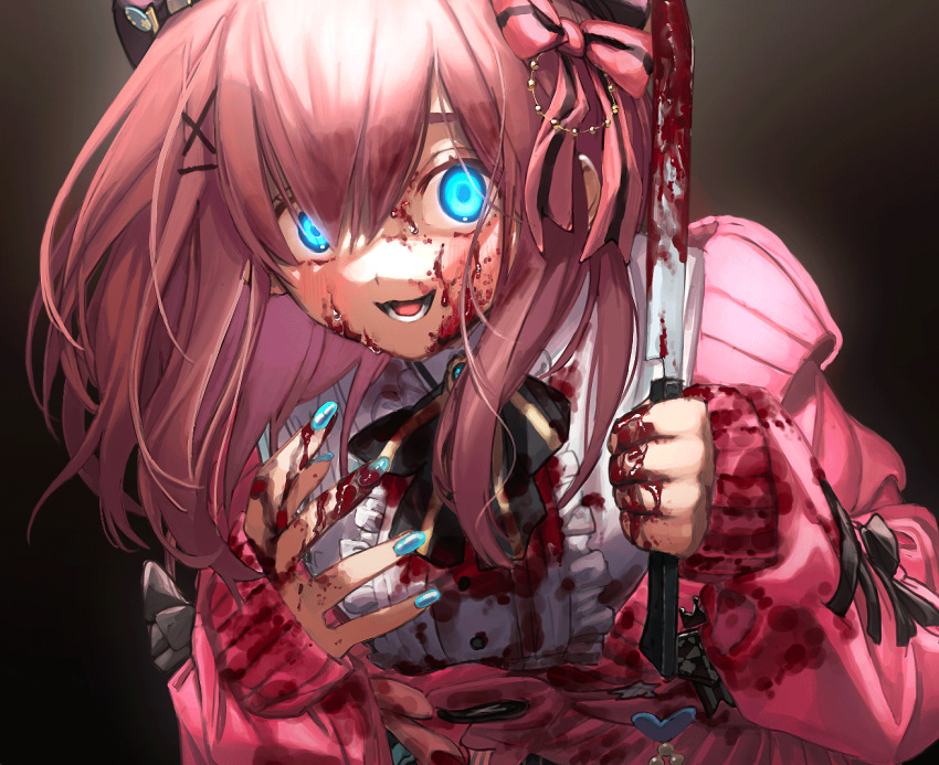 1girl :3 :d black_background black_bow black_neckwear blood blood_on_face bloody_hands bloody_weapon blouse blue_eyes blue_nails blue_pupils blush bow bowtie breasts center_frills commentary crazy_eyes crazy_smile dress_shirt eyebrows_behind_hair fingernails frills glowing glowing_eyes gradient gradient_background hair_between_eyes hair_bow hair_ornament hairclip hands_up holding holding_knife holding_weapon horror_(theme) knife long_hair long_sleeves looking_at_viewer medium_breasts nail_polish nijisanji off_shoulder open_mouth pink_bow pink_hair pink_sweater seisei_tamago shirt simple_background sleeves_past_wrists smile solo striped striped_bow suzuhara_lulu sweater teeth upper_body virtual_youtuber weapon white_blouse white_shirt x_hair_ornament