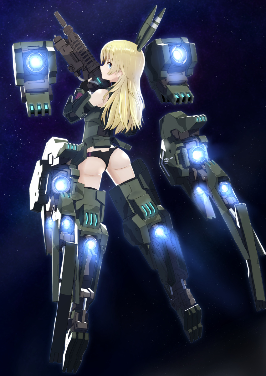 1girl absurdres alice_gear_aegis animal_ears ass black_gloves black_panties blonde_hair blue_eyes bunny_ears commentary_request elbow_gloves fake_animal_ears fingerless_gloves from_behind full_body gloves gun highres holding holding_gun holding_weapon kammaqi long_hair looking_at_viewer looking_back machine_gun mecha_musume panties solo space thrusters underwear virginia_glynnberets weapon