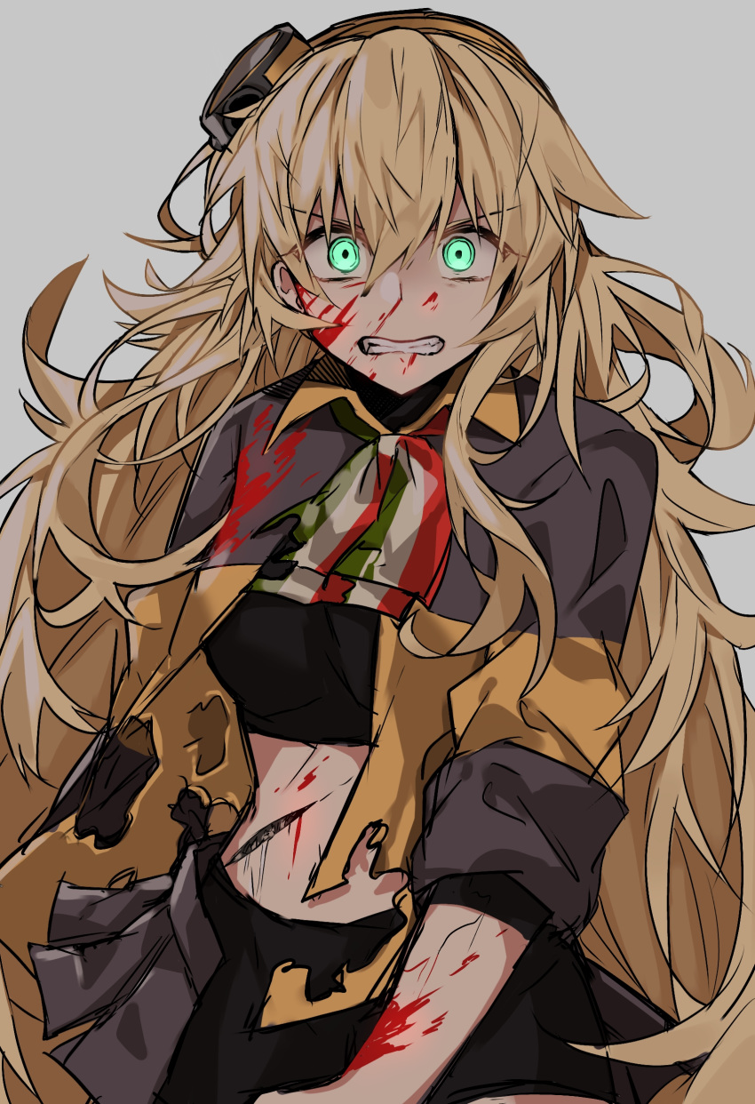 1girl absurdres angry aogisa black_bodysuit blonde_hair blood blood_on_arm blood_on_face bloody_clothes bodysuit deep_wound eyebrows_visible_through_hair girls_frontline green_eyes grey_background grey_skirt hair_ornament highres injury italian_flag_neckwear jacket long_hair looking_at_viewer multicolored multicolored_clothes multicolored_jacket neck_ribbon ribbon s.a.t.8_(girls_frontline) skirt solo torn_clothes torn_jacket torn_skirt