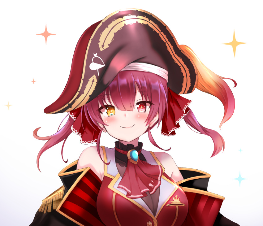 1girl arrow_(projectile) arrow_through_heart ascot bare_shoulders bicorne black_jacket breasts brooch brown_headwear cleavage closed_mouth commentary_request epaulettes fang fang_out gradient gradient_background grey_background hair_ribbon hat heart heterochromia highres hololive houshou_marine jacket jewelry large_breasts off_shoulder red_eyes red_hair red_neckwear red_ribbon red_shirt ribbon shibakame shirt sidelocks sleeveless sleeveless_shirt smile solo sparkle twintails upper_body virtual_youtuber white_background yellow_eyes