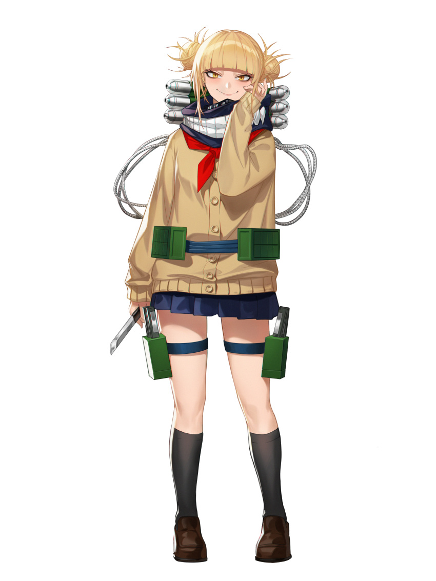 1girl absurdres bangs black_legwear blonde_hair blue_skirt blunt_bangs blush boku_no_hero_academia brown_footwear cardigan commentary_request double_bun full_body hand_on_own_cheek highres himmel_(allsky83) holding holding_weapon kneehighs knife legs_apart loafers long_sleeves looking_at_viewer messy_hair miniskirt neckerchief pleated_skirt school_uniform serafuku shoes short_hair simple_background skirt sleeves_past_wrists smile solo standing thigh_strap toga_himiko weapon white_background yellow_eyes