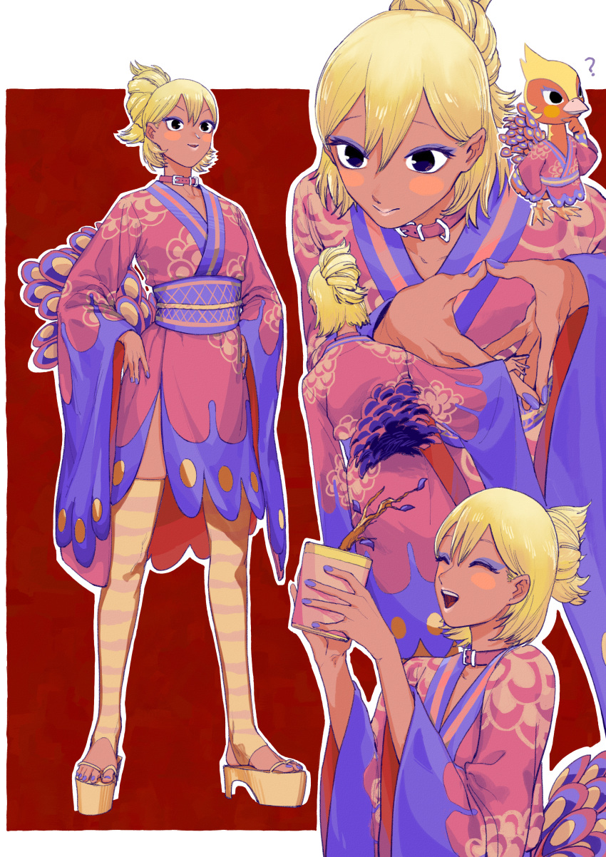 1girl ? absurdres b9_(rrrqqq) bird black_eyes blonde_hair blush choker closed_eyes doubutsu_no_mori eyeshadow gyaru hair_up hands_on_hips highres hinoko_(doubutsu_no_mori) japanese_clothes kimono kogal makeup multiple_views personification pink_choker pink_kimono plant platform_footwear potted_plant purple_nails red_background sandals simple_background standing striped striped_legwear tail tan thighhighs wide_sleeves