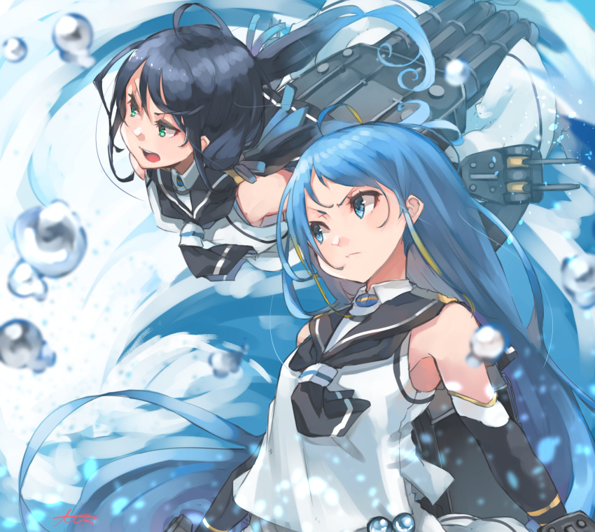 2girls akicosmossakasa bangs black_hair black_neckwear black_sailor_collar blue_eyes blue_hair elbow_gloves gloves gradient_hair green_eyes highres kantai_collection long_hair low_twintails machinery multicolored_hair multiple_girls neckerchief sailor_collar samidare_(kantai_collection) school_uniform serafuku shirt sleeveless sleeveless_shirt suzukaze_(kantai_collection) swept_bangs symbol_commentary twintails upper_body very_long_hair water white_serafuku