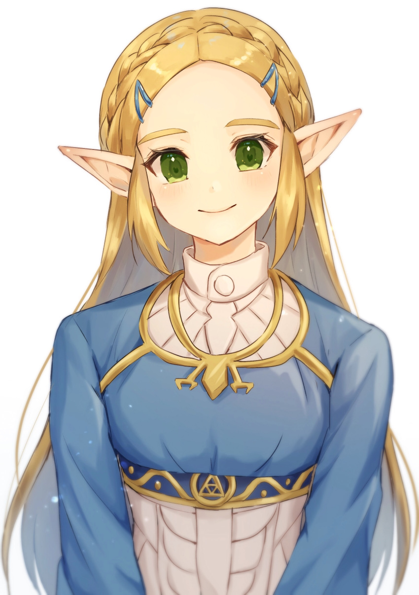 1girl absurdres bangs blonde_hair blush braid breasts closed_mouth commentary_request crown_braid forehead green_eyes hair_ornament hairclip highres long_hair long_sleeves looking_at_viewer parted_bangs pointy_ears princess_zelda shirt simple_background small_breasts smile solo tete_tuyuten the_legend_of_zelda the_legend_of_zelda:_breath_of_the_wild triforce_print upper_body white_background