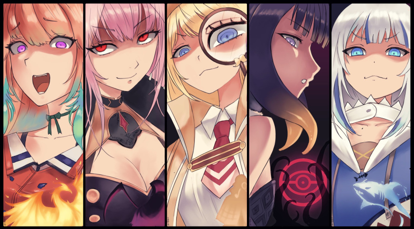 &gt;:) 5girls :d ark_ford bird blonde_hair breasts coat collared_shirt constricted_pupils death_(entity) detective dress_shirt eyebrows_visible_through_hair fire gawr_gura gesugao grim_reaper hair_between_eyes highres hololive hololive_english looking_at_viewer looking_behind magnification magnifying_glass mori_calliope multiple_girls necktie ninomae_ina'nis open_mouth orange_hair phoenix pink_hair purple_eyes purple_hair red_neckwear shaded_face shark shirt smile smirk smug sneer takanashi_kiara tentacle_hair v-shaped_eyebrows watson_amelia white_hair