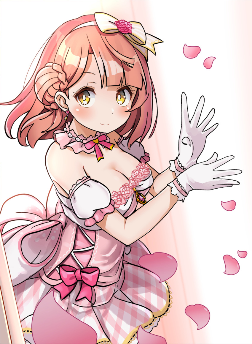 1girl bangs blunt_bangs bow braid braided_bun choker dress earrings gloves hair_bow hair_ornament hairpin half_updo highres jewelry love_live! love_live!_nijigasaki_high_school_idol_club love_live!_school_idol_festival_all_stars medium_hair petals pink_dress pink_hair shipii_(jigglypuff) side_bun smile solo swept_bangs uehara_ayumu yellow_eyes yume_e_no_ippo