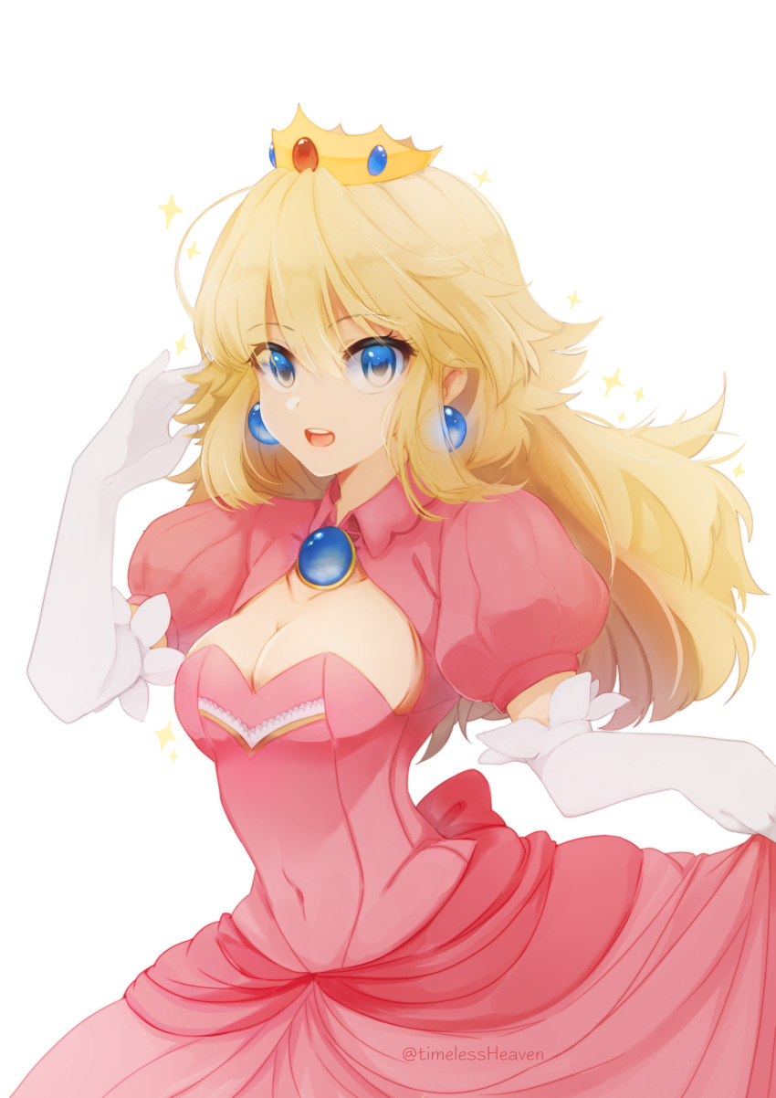 1girl absurdres bangs blonde_hair blue_eyes breasts brooch cleavage cleavage_cutout crown dress earrings elbow_gloves eyebrows_visible_through_hair gem gloves halter_dress halter_top halterneck hand_in_hair highres holding holding_clothes holding_dress jewelry long_dress long_hair looking_at_viewer mario_(series) navel open_mouth pale_skin pink_dress princess_peach shoulder_pads simple_background super_mario_bros. teeth timelessheaven white_background white_gloves