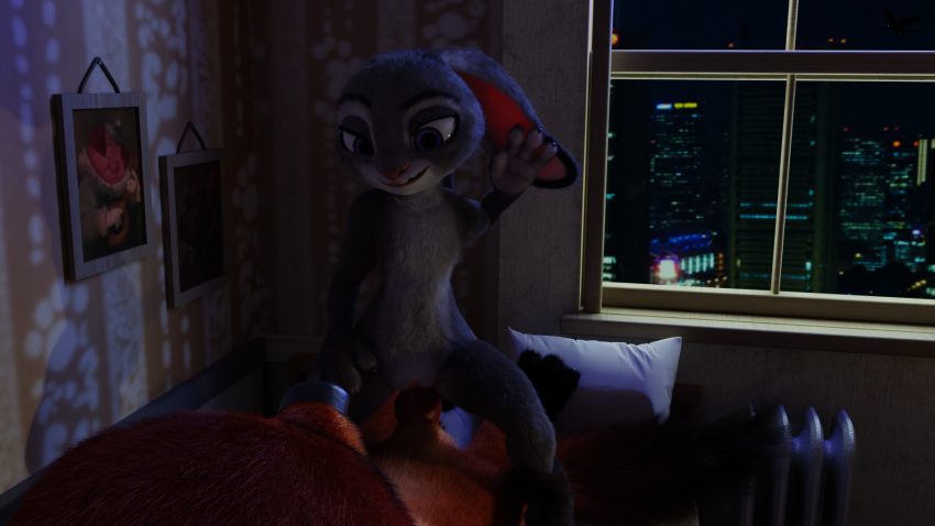 16:9 animal_genitalia animal_penis anthro bedroom_setting canid canine canine_penis city_background cowgirl_position disney duo female female_on_top female_penetrated fox genitals hi_res judy_hopps knot lagomorph leporid male male/female male_on_bottom male_penetrating male_penetrating_female mammal nick_wilde oldwing on_bottom on_top penetration penis rabbit sex vaginal vaginal_penetration widescreen zootopia