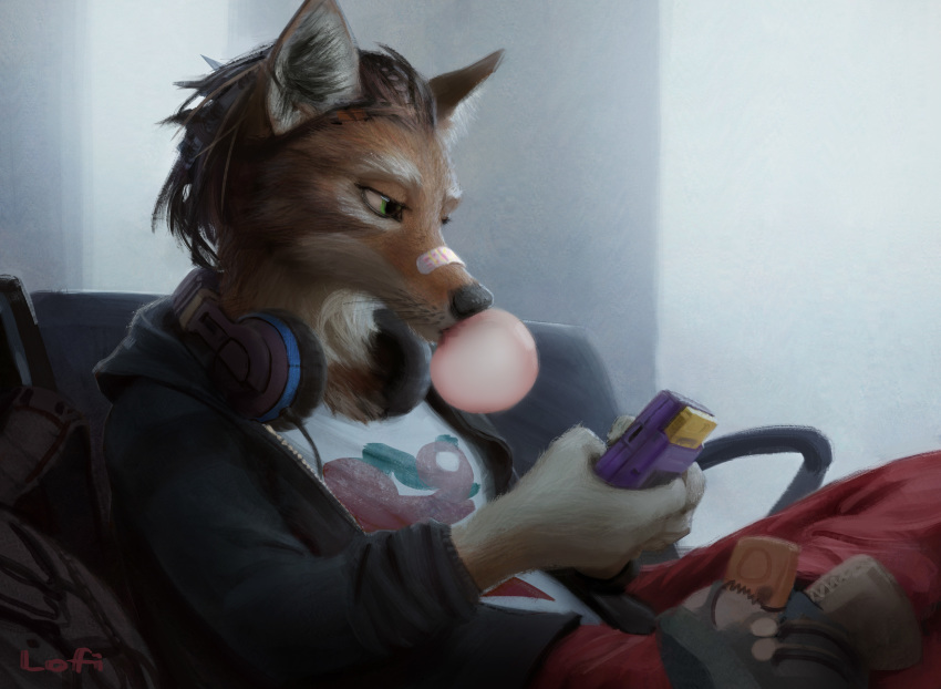 2016 absurd_res ambiguous_gender anthro band-aid bandage biped black_hair black_nose bottomwear brown_body brown_fur bubble bubble_gum canid canine clothed clothing crossed_legs digital_media_(artwork) digital_painting_(artwork) fox fur game_boy game_boy_family gaming green_eyes hair headphones hi_res hoodie inside lofi mammal nintendo open_clothing open_hoodie open_topwear orange_body orange_fur painting pants plaster pok&eacute;mon_yellow red_fox short_hair side_view sitting slice_of_life solo topwear unzipped video_games whiskers white_body white_fur