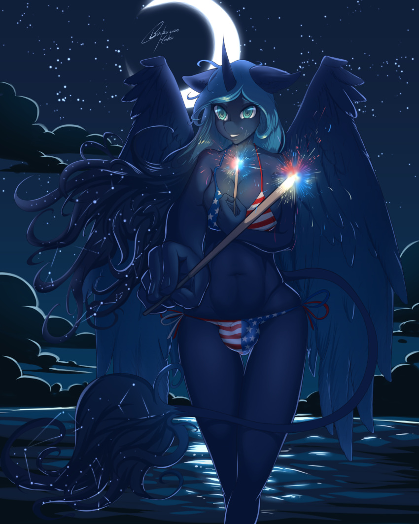 4th_of_july abs anthro anthrofied bakuhaku bra breasts bulge clothing equid friendship_is_magic gynomorph hasbro hi_res horn intersex looking_at_viewer mammal my_little_pony panties partially_submerged princess_luna_(mlp) solo sparkler underwear winged_unicorn wings