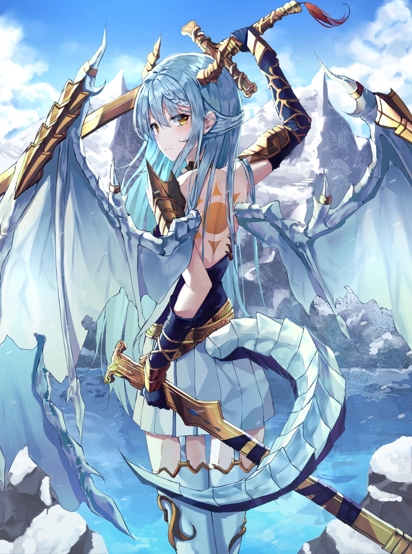 1girl absurdres armor back_cutout bangs bare_shoulders blue_gloves blue_hair body_markings braid braided_bangs closed_mouth cloud commentary dragon dragon_girl dragon_horns dragon_tail dragon_wings eastern_dragon elbow_gloves eyebrows_visible_through_hair facing_away garter_straps gloves hair_between_eyes highres holding holding_weapon horns huge_filesize kerno long_hair looking_at_viewer mountain original pleated_skirt sheath shoulder_armor skirt sky solo sun_(symbol) sword tail thighhighs weapon wing_armor wings yellow_eyes