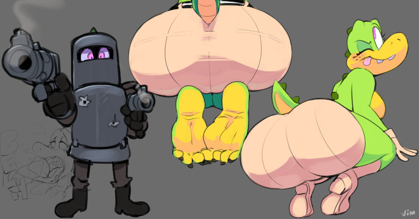 2020 absurd_res anthro armor boots bottomwear burping butt butt_focus clothed clothing crocodile crocodilian crocodylid feet female foot_focus footwear green_body green_scales gun hi_res humanoid_feet kneeling ned_kelly ranged_weapon reptile scales scalie shorts solo sydney_swamp_(vimhomeless) topless vimhomeless weapon