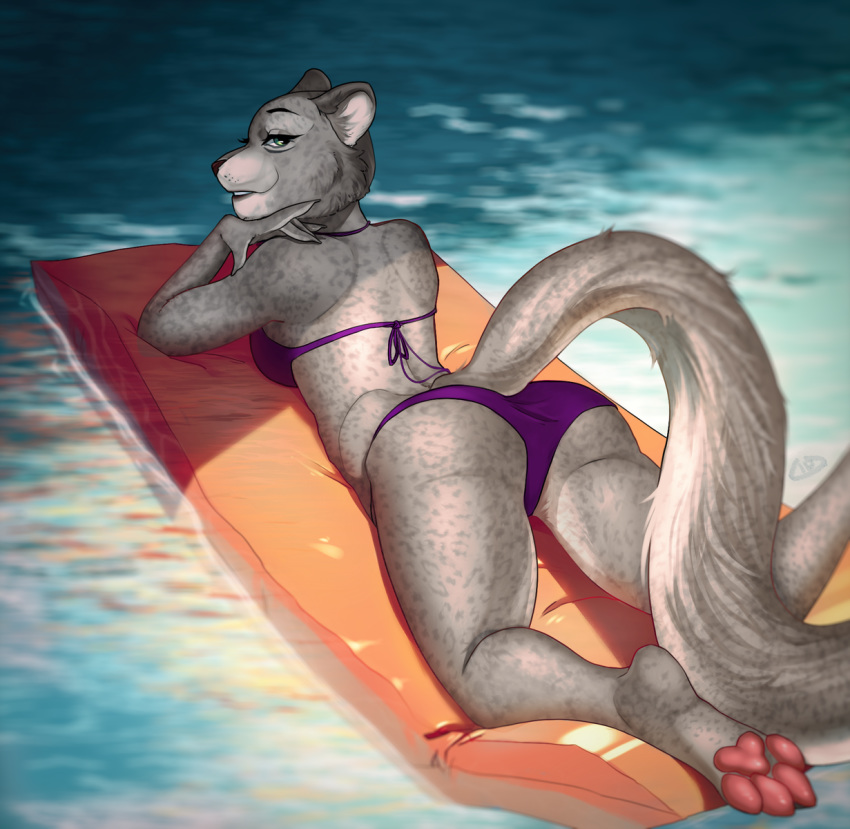 anthro bikini bikini_bottom bikini_top clothed clothing disney fabienne_growley felid feline female floatie hi_res idorere mammal pantherine poolside snow_leopard solo swimwear zootopia