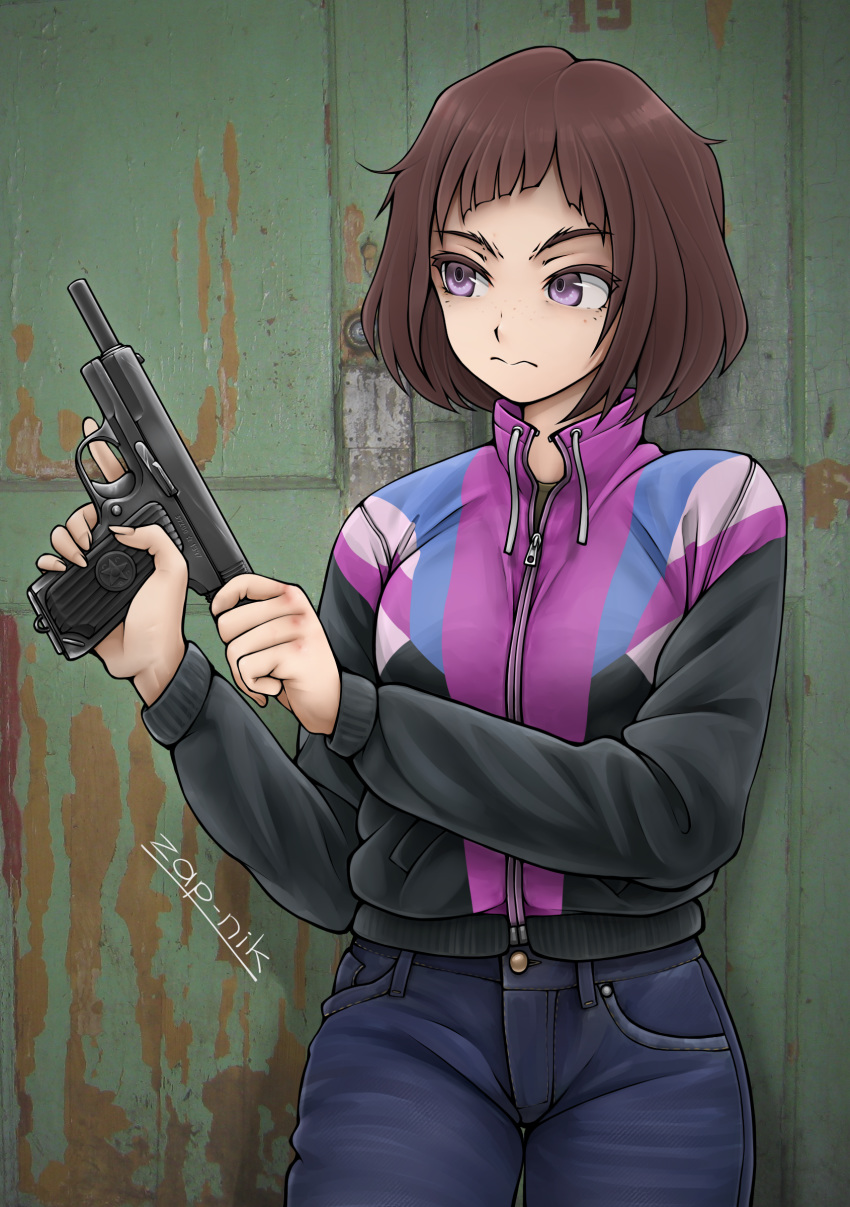 1girl absurdres brown_hair commentary denim english_commentary gun handgun highres holding holding_gun holding_weapon jacket jeans original pants pistol purple_eyes short_hair signature solo tokarev_tt-33 trigger_discipline weapon zap-nik