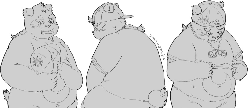 2020 alp_(tas) anthro belly blush clothing giant_panda hat headgear headwear hi_res kemono male mammal monochrome moujya overweight overweight_anthro overweight_male shirt simple_background sitting solo tokyo_afterschool_summoners topwear ursid video_games white_background