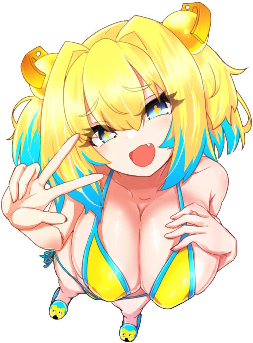 +_+ 1girl bangs bare_shoulders bikini blonde_hair blue_eyes blue_hair blush bombergirl breasts chawan_(yultutari) cleavage collarbone fang foreshortening grenade_hair_ornament hand_on_own_chest highres large_breasts looking_at_viewer multicolored_hair open_mouth pine_(bombergirl) short_hair simple_background smile swimsuit symbol-shaped_pupils twintails two-tone_hair w yellow_bikini yellow_pupils